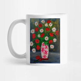 Poppies and daisy's in a white vase with pink stars Mug